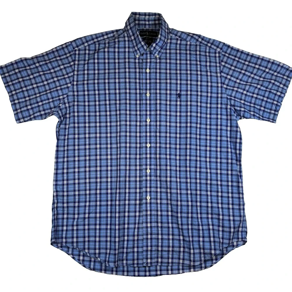 Polo Ralph Lauren Blake Short Sleeve Plaid Button Down Shirt Men's L Blue pony